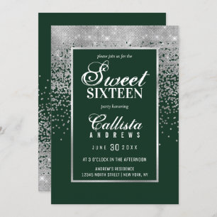 Chic Forest Green Silver Glitter Confetti Sweet 16 Invitation