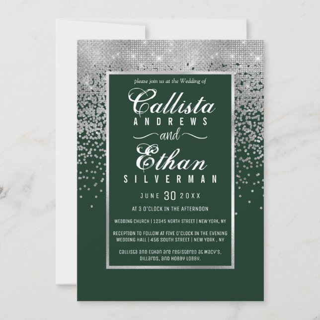 Chic Forest Green Silver Glitter Confetti Wedding Invitation (Front)