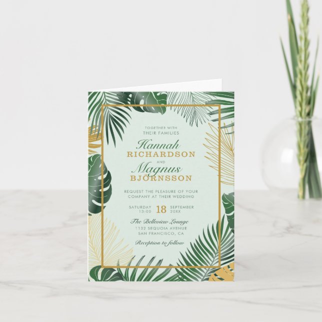 Chic Forest Green Tropical Leaves Modern Wedding Invitation (Front)