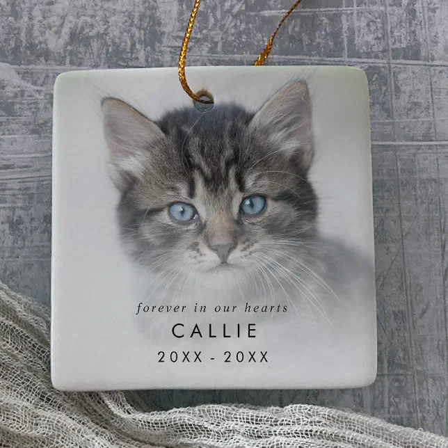 Chic Forever in Our Hearts Photo Cat Memorial Ceramic Ornament | Zazzle