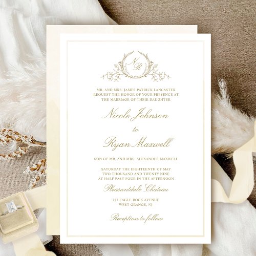 Chic Formal Champagne Monogram Watercolor Wedding Invitation