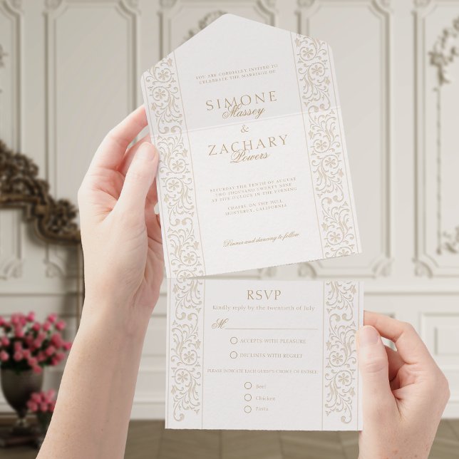Chic Formal Ecru Scrollwork Border Wedding All In One Invitation (Creator Uploaded)