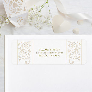 Chic Formal Ecru Scrollwork Border Wedding Label