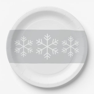 Chic Formal Light Gray White Stripes Snowflakes Paper Plates
