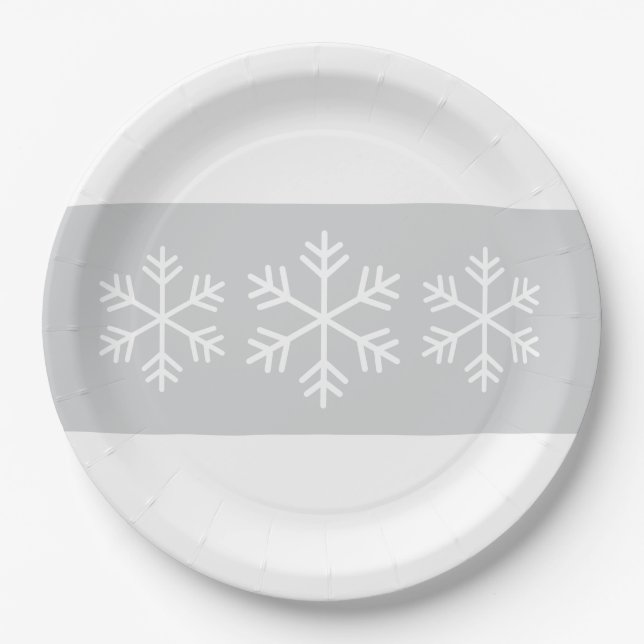 Chic Formal Light Gray White Stripes Snowflakes Paper Plates (Front)