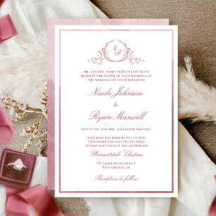 Chic Formal Monogram Burgundy Watercolor Wedding Invitation