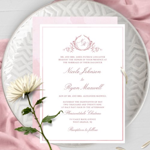 Chic Formal Monogram Dusty Rose Watercolor Wedding Invitation