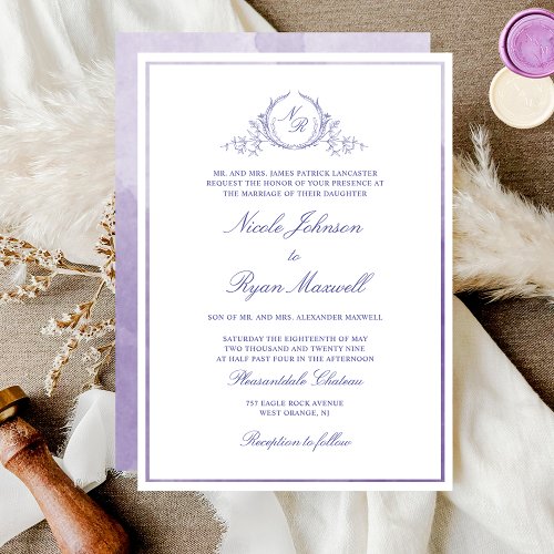 Chic Formal Monogram Lavender Watercolor Wedding Invitation