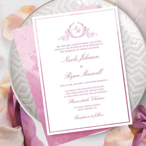 Chic Formal Monogram Mauve Pink Watercolor Wedding Invitation