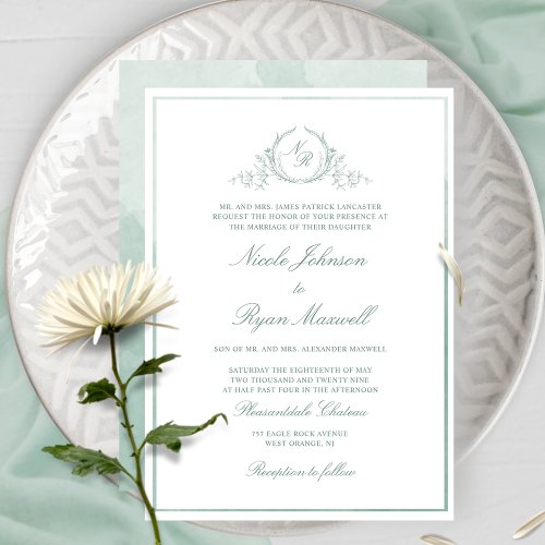 Chic Formal Monogram Pale Green Watercolor Wedding Invitation