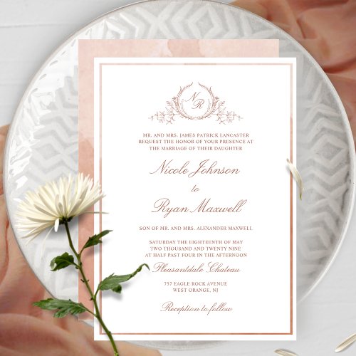 Chic Formal Monogram Terracotta Watercolor Wedding Invitation