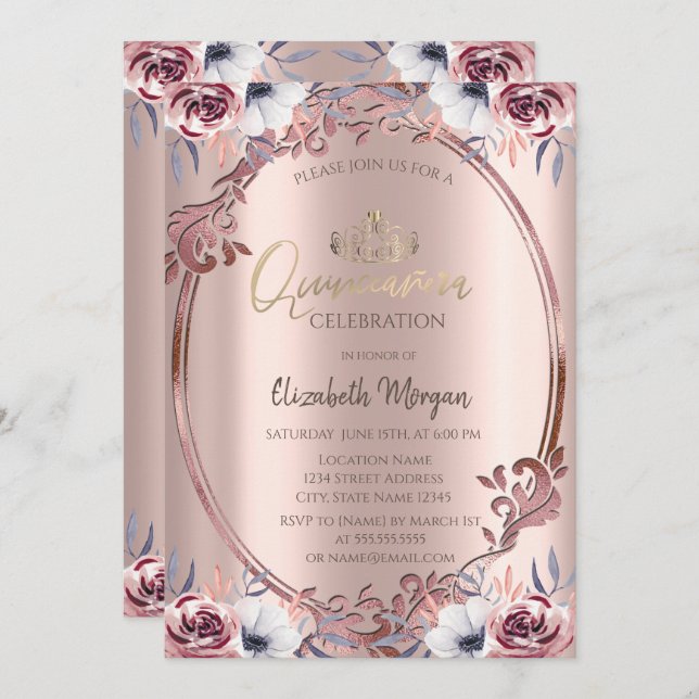 Chic Frame Boho Flowers Quinceañera Invitation (Front/Back)