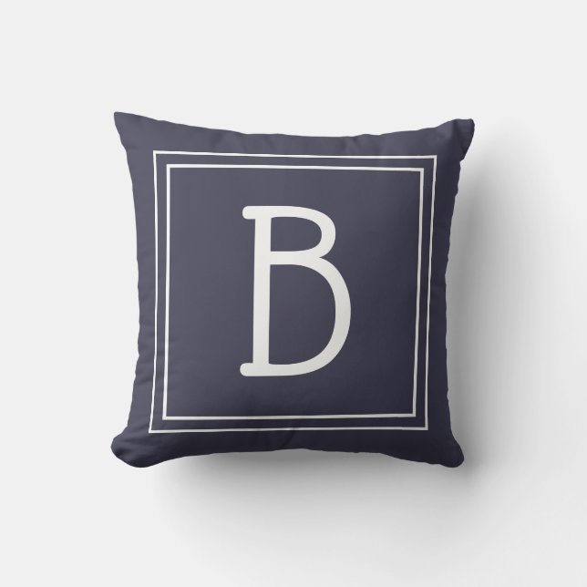 Chic Framed Monogram Initial Midnight Blue & White Throw Pillow (Front)