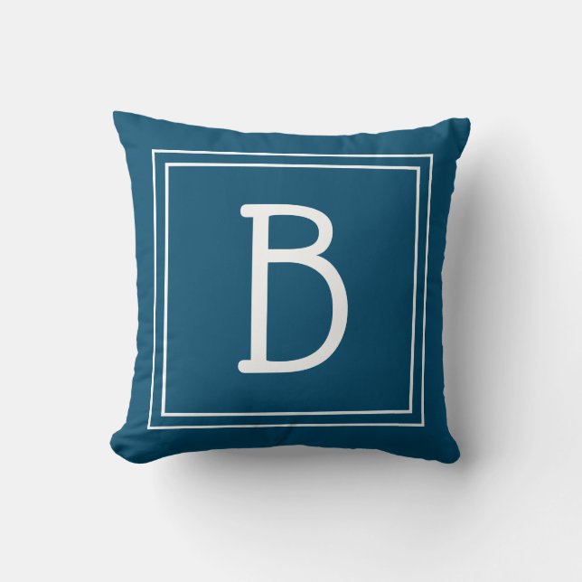 Chic Framed Monogram Initial Trendy Blue & White Throw Pillow (Front)