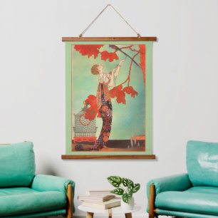 Chic French Art Nouveau Parrot Birdcage Garden Art Hanging Tapestry
