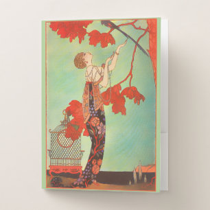 Chic French Art Nouveau Parrot Birdcage Garden Art Pocket Folder