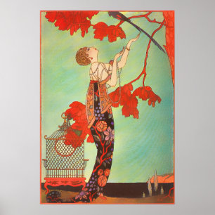 Chic French Art Nouveau Parrot Birdcage Garden Art Poster