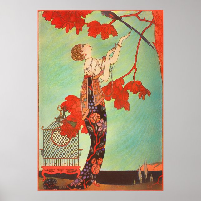 Chic French Art Nouveau Parrot Birdcage Garden Art Poster (Front)