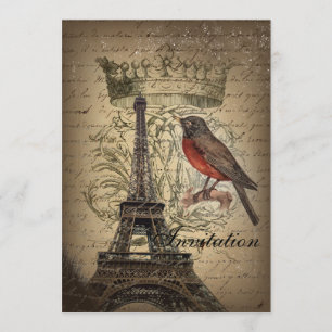 Chic French Bird Modern Vintage Paris Eiffel tower Invitation
