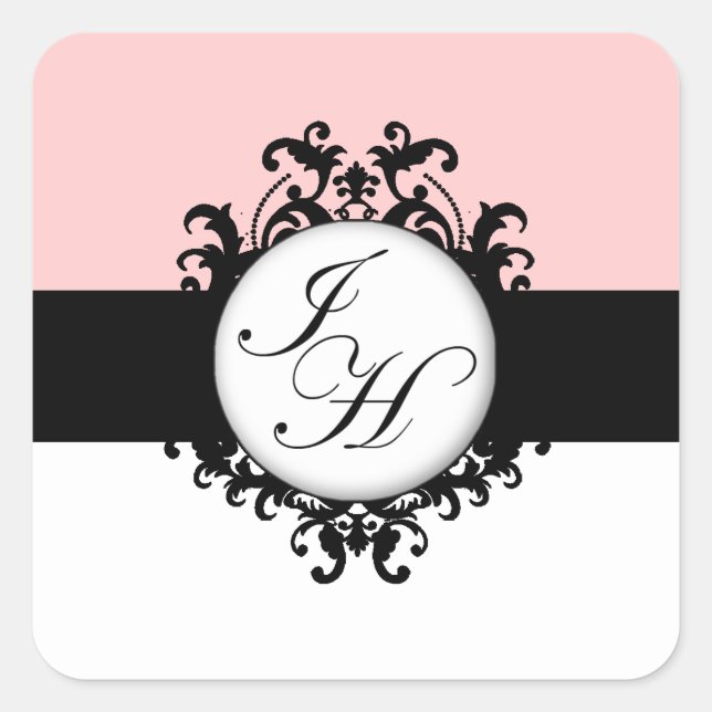 Chic French Black Monograms Damask Labels (Front)