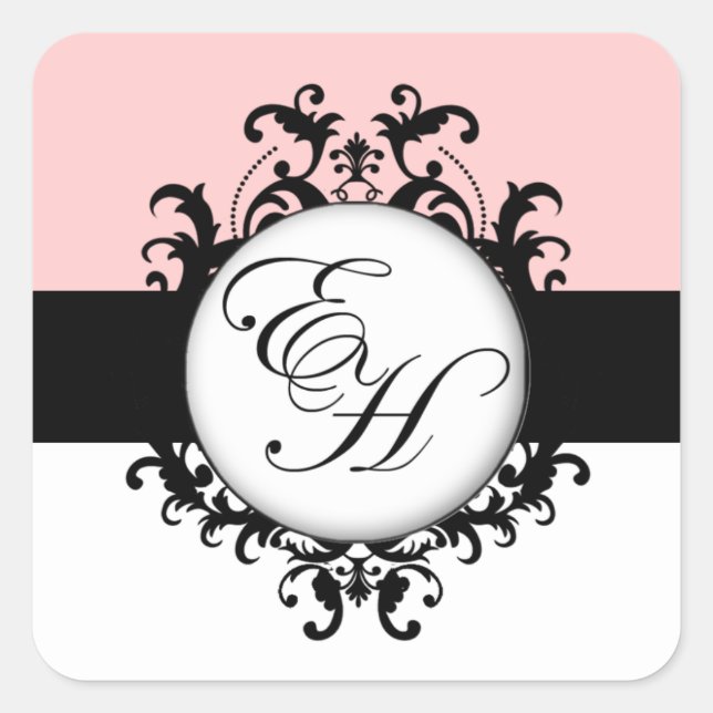 Chic French Black Monograms Damask Labels Square (Front)