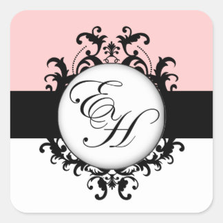 Chic French Black Monograms Damask Labels Square