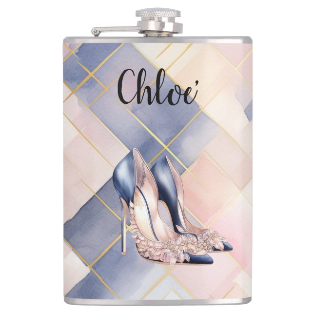 Chic French Blue Cream Blush High Heels Flask (Front)