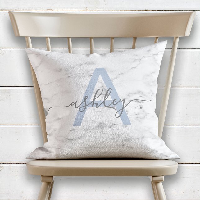 Chic French Blue & Gray Marble Name Monogram Throw Pillow (Creator Uploaded)