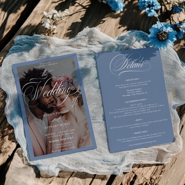 Chic French Blue Script All in One Photo Wedding Invitation (Chic French Blue Script All in One Photo Wedding Invitation)