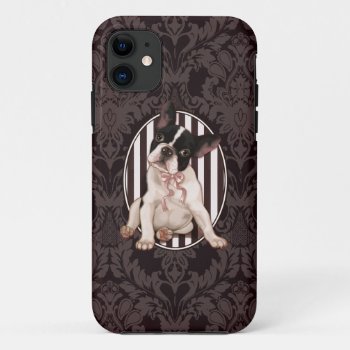 Chic French Bulldog And Black Damask Iphone 11 Case by MarylineCazenave at Zazzle