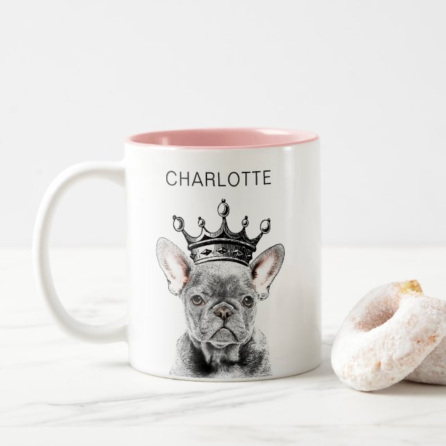 Chic French Bulldog Frenchie Crown Two-Tone Coffee Mug (With Donut)