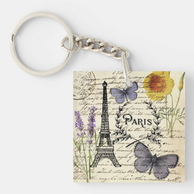 chic french butterfly scripts paris eiffel tower keychain (Front)