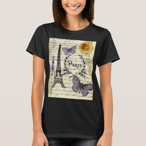 chic french butterfly scripts paris eiffel tower T_Shirt
