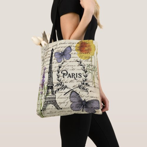 chic french butterfly scripts paris eiffel tower tote bag