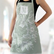 Chic French Farmhouse Peony Monogram Light Green Apron