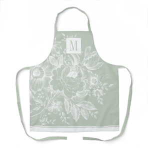 Chic French Farmhouse Peony Monogram Light Green Apron