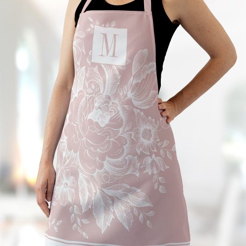 Chic French Farmhouse Peony Monogram Light Pink Apron