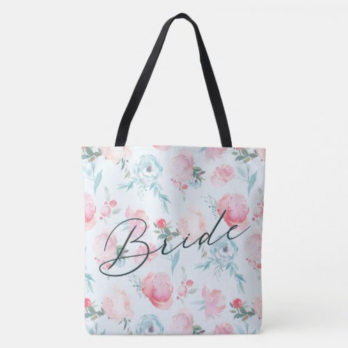 Chic French Garden Floral Peony Calligraphy Bride Tote Bag