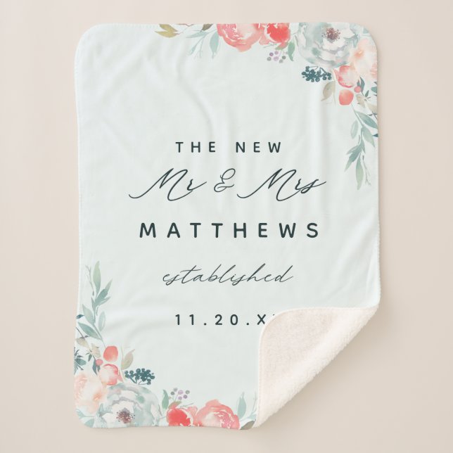 Chic French Garden Floral Peony New Mr. & Mrs. Sherpa Blanket (Front)