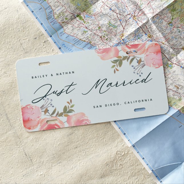 Chic French Garden Floral Wedding Just Married License Plate (In Situ)