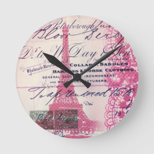 chic french scripts lace pink paris eiffel tower round clock