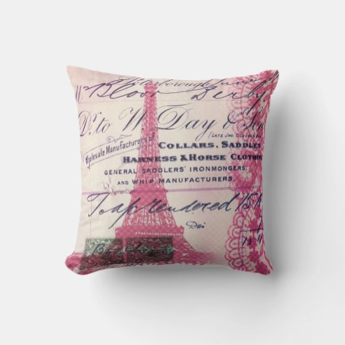 chic french scripts lace pink paris eiffel tower throw pillow