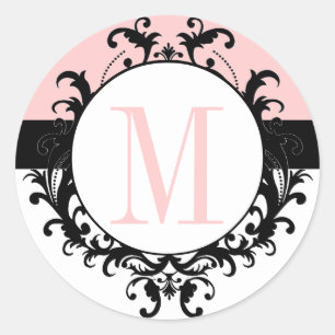 Chic French Wedding Monogram M Damask Pink Label
