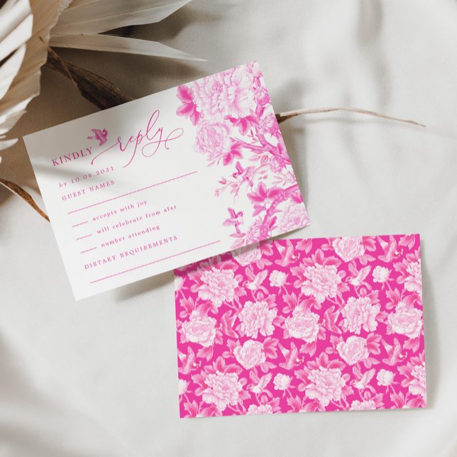 Chic Fuchsia Chinoiserie Bird Peony Wedding RSVP Card (Creator Uploaded)
