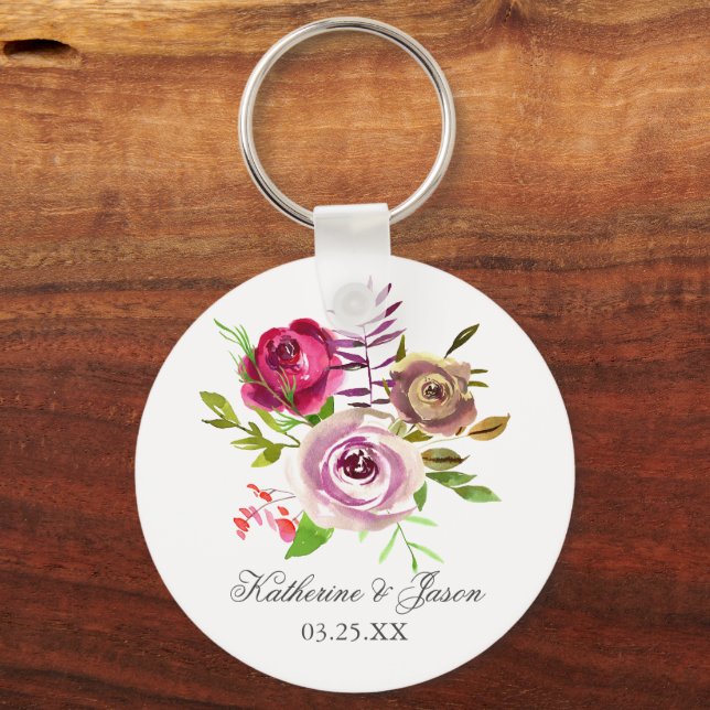 Chic Fuchsia Pink Floral Romantic Garden Wedding Keychain (Front)