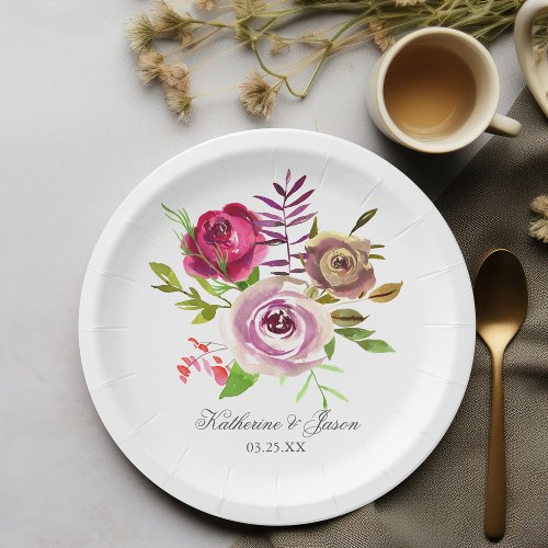 Chic Fuchsia Pink Floral Romantic Garden Wedding Paper Plates