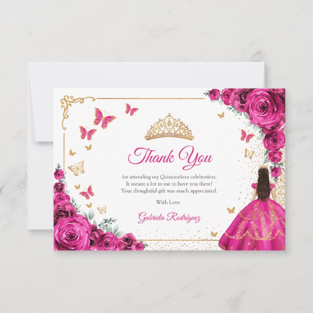 Chic Fuchsia Pink Roses Gold Quinceanera Thank You Card (Front)