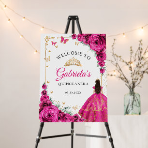 Chic Fuchsia Pink Roses Gold Quinceanera Welcome Foam Board