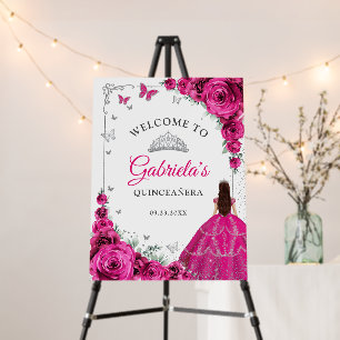 Chic Fuchsia Pink Roses Silver Quinceanera Welcome Foam Board