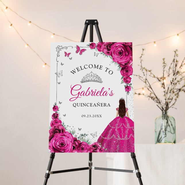 Chic Fuchsia Pink Roses Silver Quinceanera Welcome Foam Board (In Situ (Stand))
